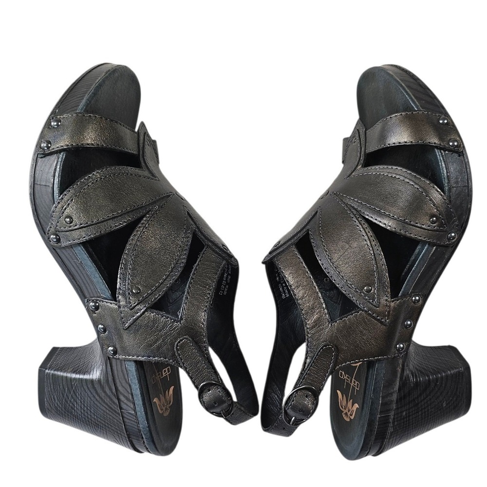 Dansko Sissy Pewter Leather Floral Leaf Cutout Platform Sandals Clogs Size 40‎